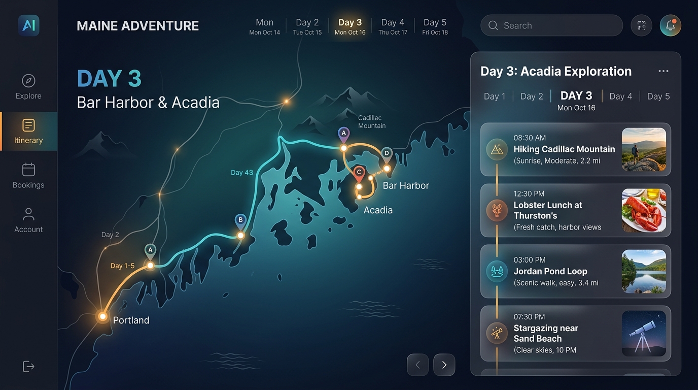 AI Trip Planner Maine Route Interface Mockup